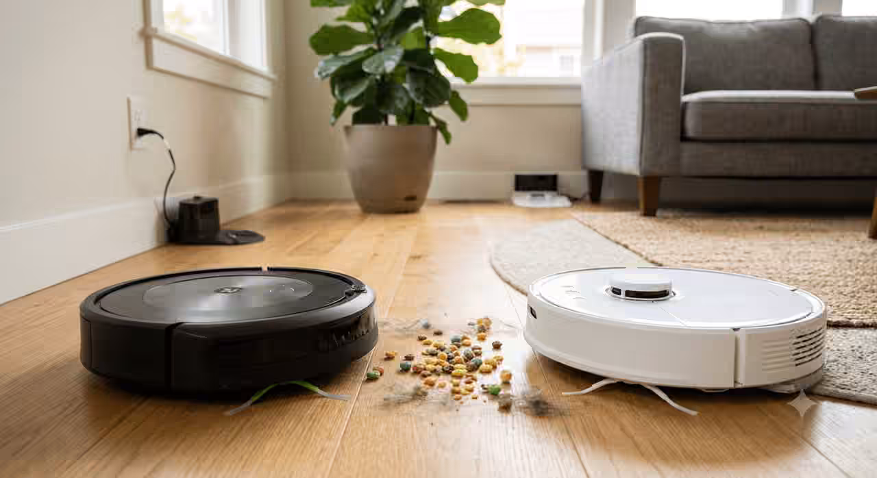A modern robot vacuum cleaning a hardwood floor