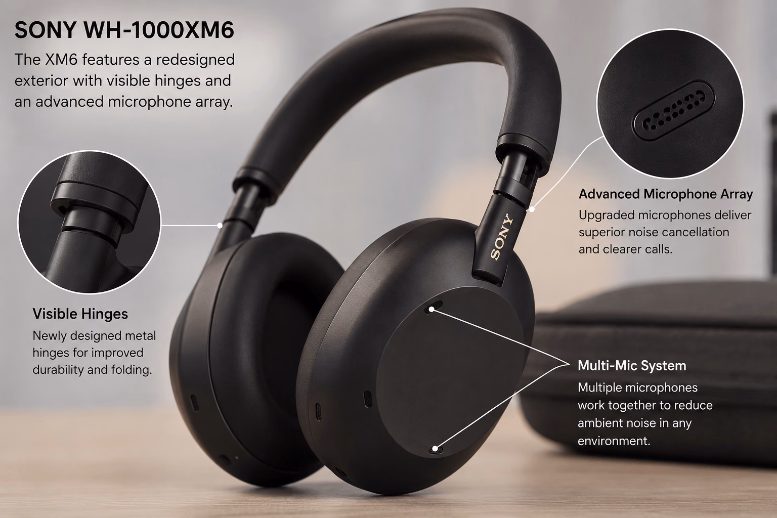 Close-up of Sony WH-1000XM6 ear cup showing microphone placement and touch controls