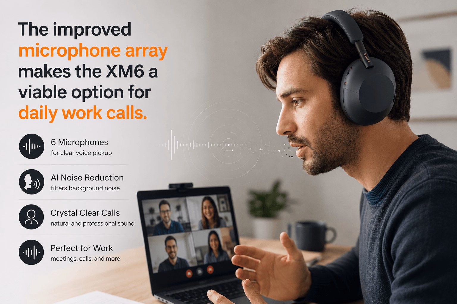Remote worker wearing Sony WH-1000XM6 headphones during a video call at a desk