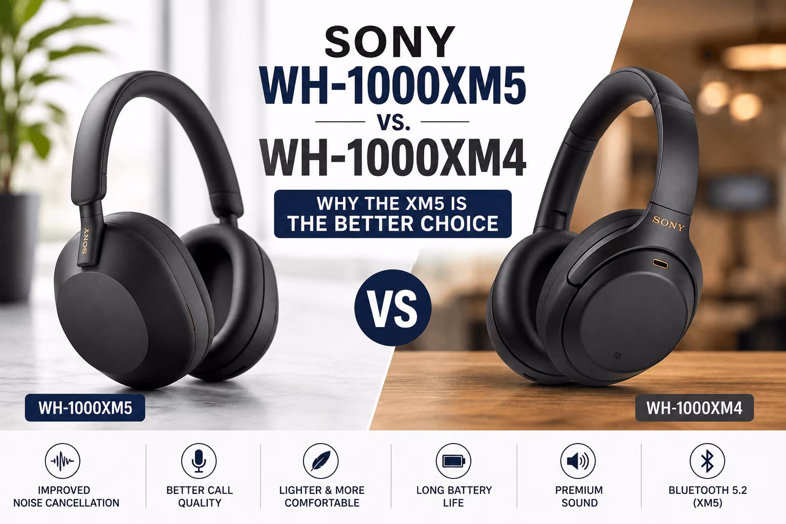 Sony WH-1000XM5 and WH-1000XM4 headphones side by side comparison